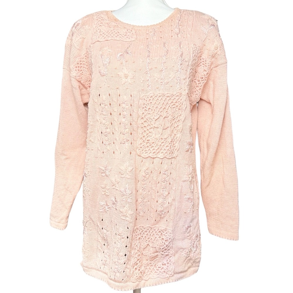 Vintage Kathy Lee Ramie Cotton Patchwork Knit Sweater Pink Embroidered Womens L